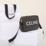 CELINE Triomphe Canvas Camera Bag 23cm Luxury Designer Crossbody Messenger Bag with White Logo & Calfskin Leather 2