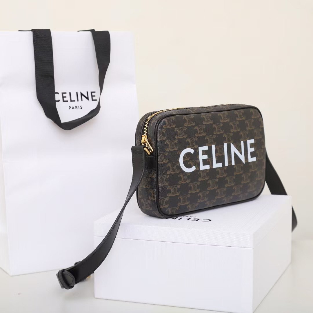 CELINE Triomphe Canvas Camera Bag 23cm Luxury Designer Crossbody Messenger Bag with White Logo & Calfskin Leather 2