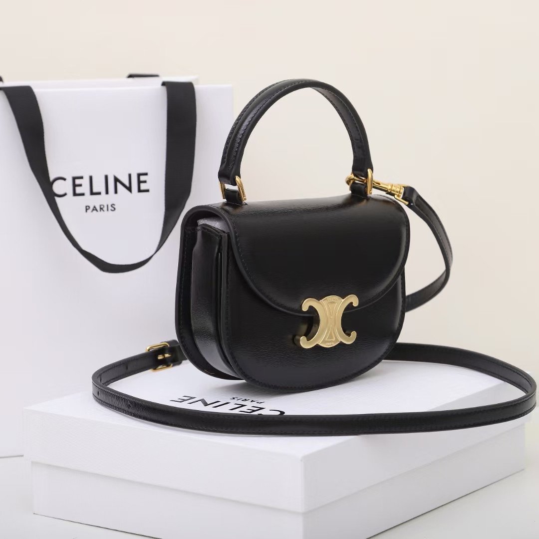 Celine Mini Besace Triomphe Bag 15.5cm Shiny Calfskin Top Handle Saddle Bag Premium Grade Crossbody 2