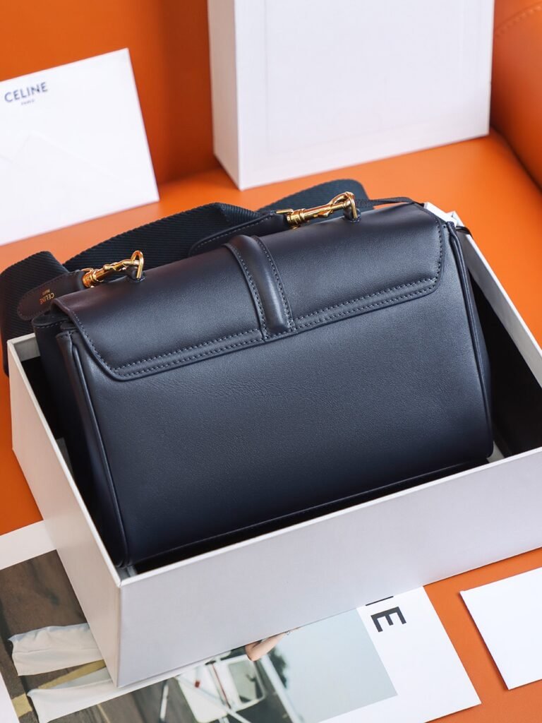 CELINE TEEN SOFT 16 Bag 23cm Smooth Calfskin Tan and Navy Blue Crossbody Bag with Strap – Image 2
