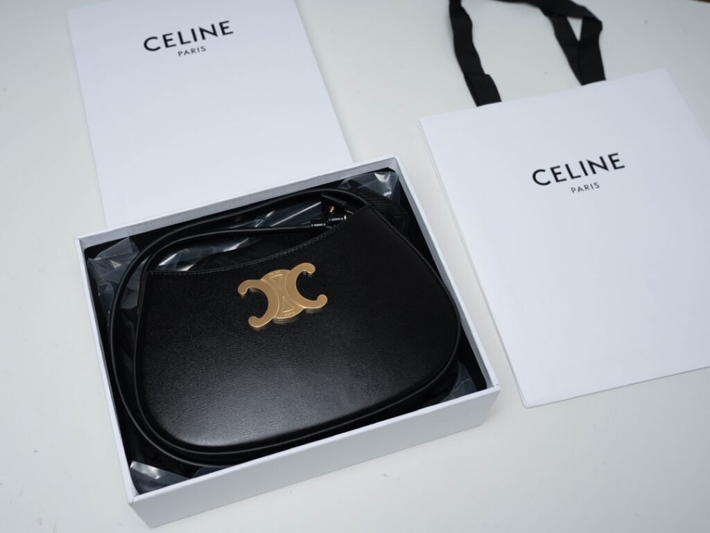 CELINE TILLY Bag 2024 Shiny Calfskin & Triomphe Canvas Shoulder Bag Black/Tan 23cm – Image 2