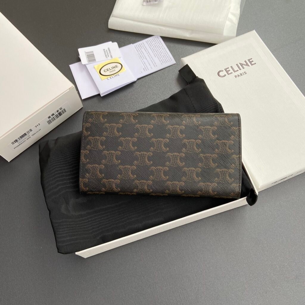CELINE TRIOMPHE Large Flap Wallet 19cm WOC in Canvas, Black & Pebble Calfskin – Image 3
