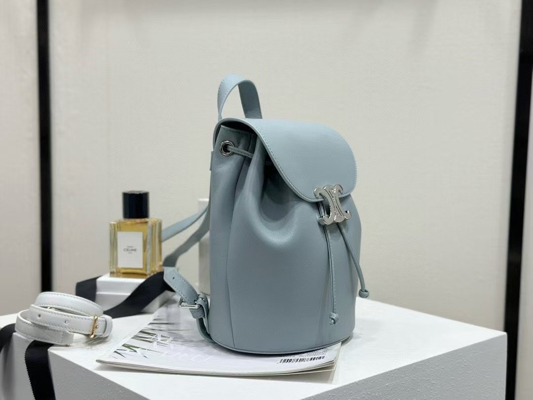 Celine Small Triomphe Backpack Shiny Calfskin Pale Blue Mini Rucksack for Women – Image 2 Celine Small Triomphe Backpack Shiny Calfskin Pale Blue Mini Rucksack for Women – Image 2