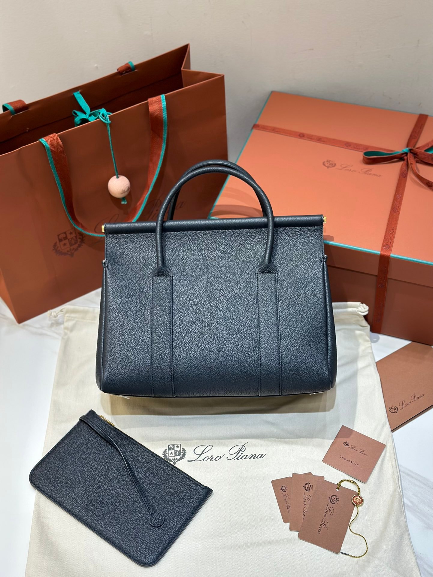 Loro Piana Loom L32 Handbag 33cm Tender Calfskin Luxury Designer Tote Bag with Gold Padlock & Removable Pouch
