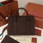 Loro Piana Loom L32 Handbag 33cm Dark Brown Grained Calfskin Leather Tote with Signature Gold Padlock and Key