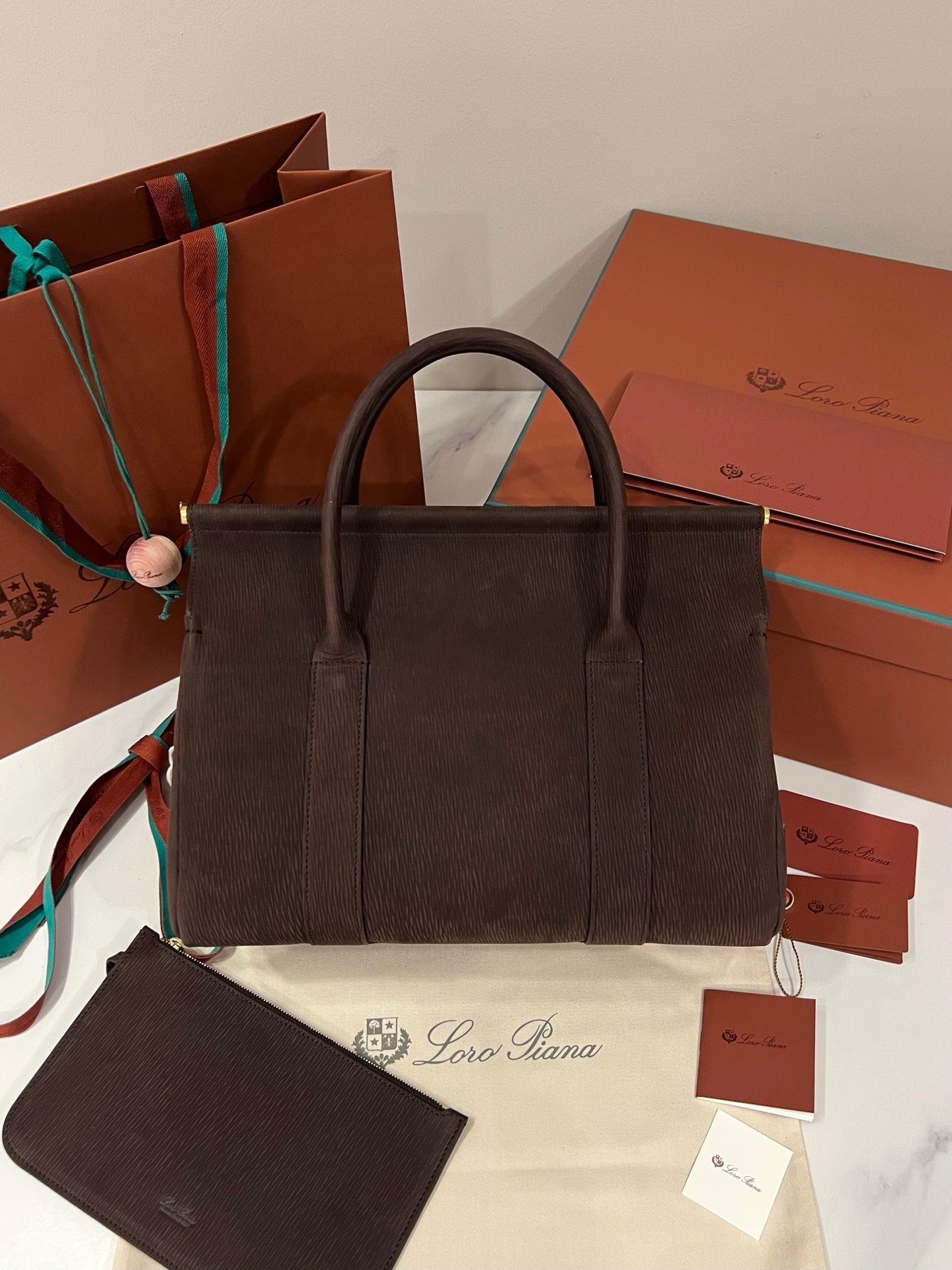 Loro Piana Loom L32 Handbag 33cm Dark Brown Grained Calfskin Leather Tote with Signature Gold Padlock and Key