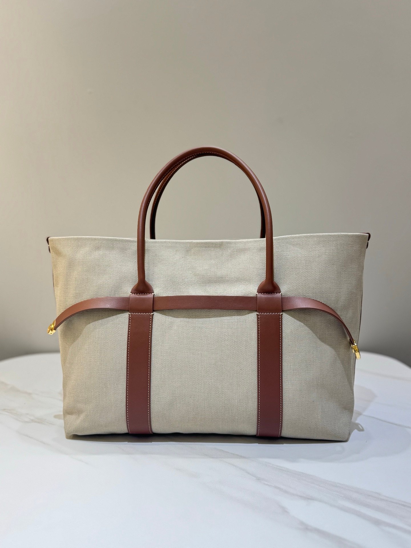 Loro Piana Ghiera Shopper Large Canvas Tote Bag 40cm Shoulder Bag for Work and Travel with Grained Leather Trim