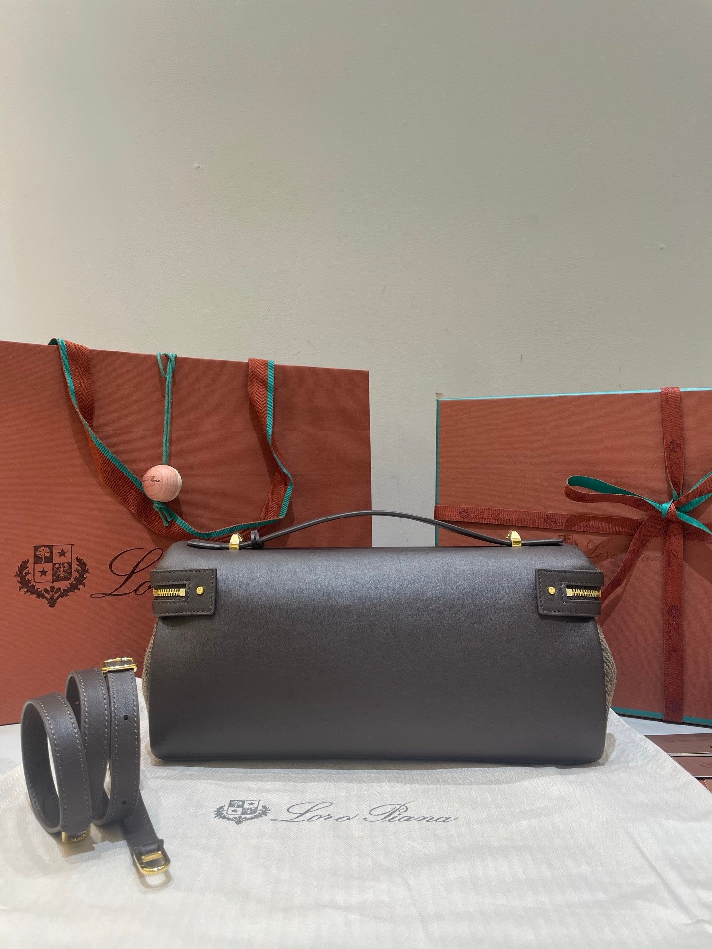 Loro Piana Extra Softy L33 Bag 33cm Herringbone Wool and Chocolate Grainy Leather Women’s Elongated Crossbody Handbag