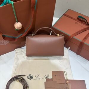 Loro Piana Extra Bag L23 Caramel Leather & Linen Canvas Crossbody Handbag 23cm for Women Top-Handle Bag with Signature Charms Loro Piana Extra Bag L23 Caramel Leather & Linen Canvas Crossbody Handbag 23cm for Women Top-Handle Bag with Signature Charms