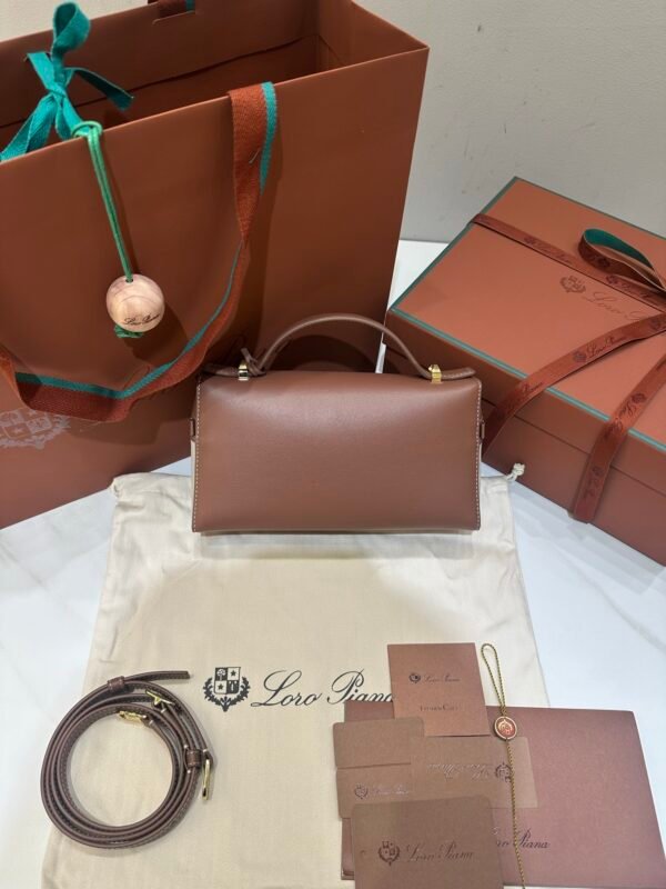 2 Loro Piana Extra Bag L23 Caramel Leather & Linen Canvas Crossbody Handbag 23cm for Women Top-Handle Bag with Signature Charms
