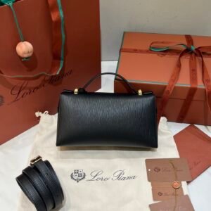 Loro Piana L23 Extra Handbag 23cm Black Textured Leather Minimalist Shoulder Bag with Gold Hardware and Gift Box Loro Piana L23 Extra Handbag 23cm Black Textured Leather Minimalist Shoulder Bag with Gold Hardware and Gift Box