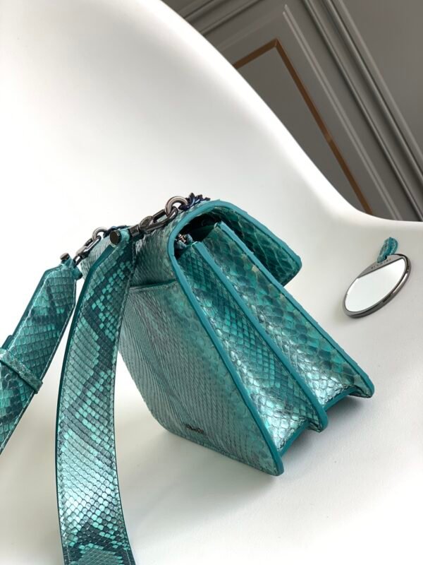 2 BVLGARI Serpenti Forever MaxiChain Medium Shoulder Bag Pearlescent Afterglow Aquamarine Blue Python Exotic Leather Crossbody Bag