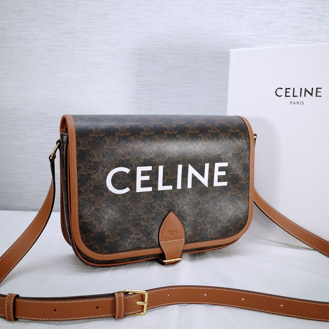 CELINE Folco Messenger Bag 31cm Triomphe Canvas with White Logo Print Classic Tan & Brown 2