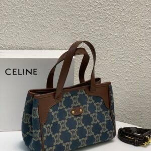 Celine Vintage Denim Triomphe Small Tote Bag 22cm Exquisite Monogram Shopping Bag with Calfskin Leather Trim 2