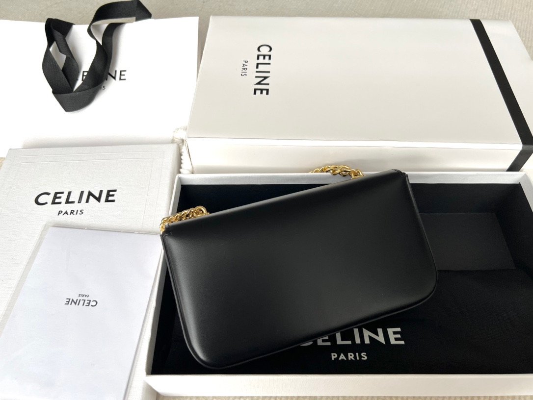 CELINE TRIOMPHE Chain Shoulder Bag in Shiny Calfskin Leather Underarm Baguette with Gold Hardware 2