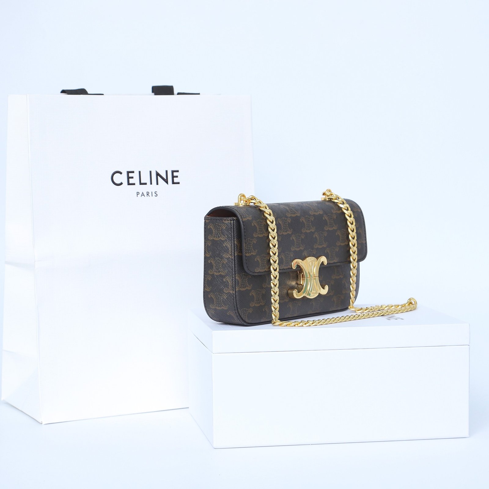Celine Triomphe Chain Shoulder Bag 20.5cm Canvas and Calfskin Luxury Designer Crossbody for Women 2