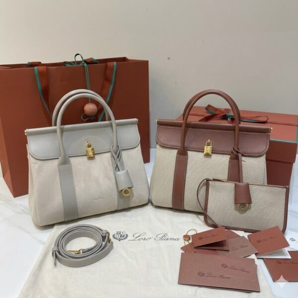 Loro Piana Loom L25 Handbag 25cm Quiet Luxury Calfskin and Canvas Top Handle Bag for Women