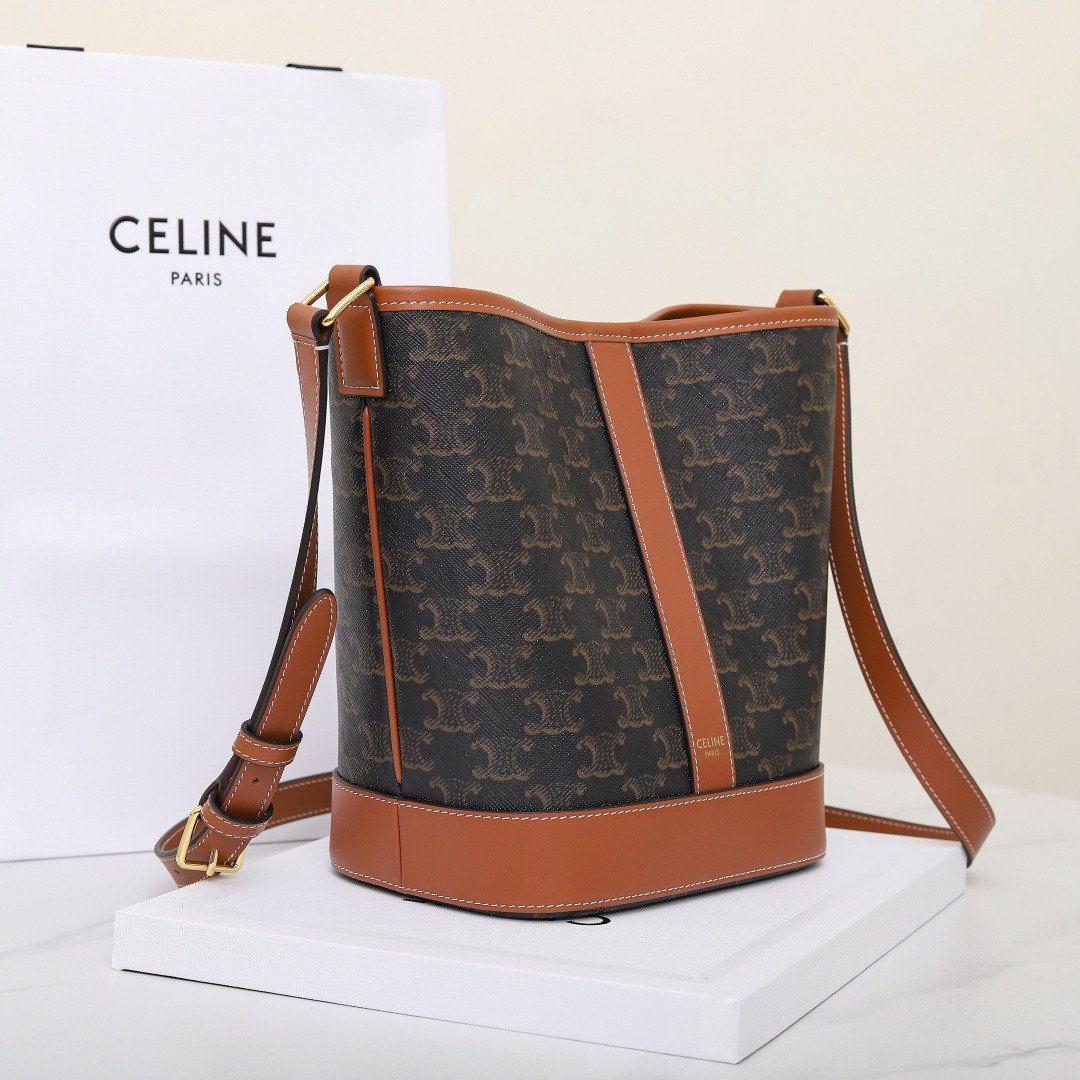 Celine Triomphe Canvas Bucket Bag 30cm Vintage Embroidered Shoulder Bag Calfskin Leather Large Capacity Designer Hobo Bag 20