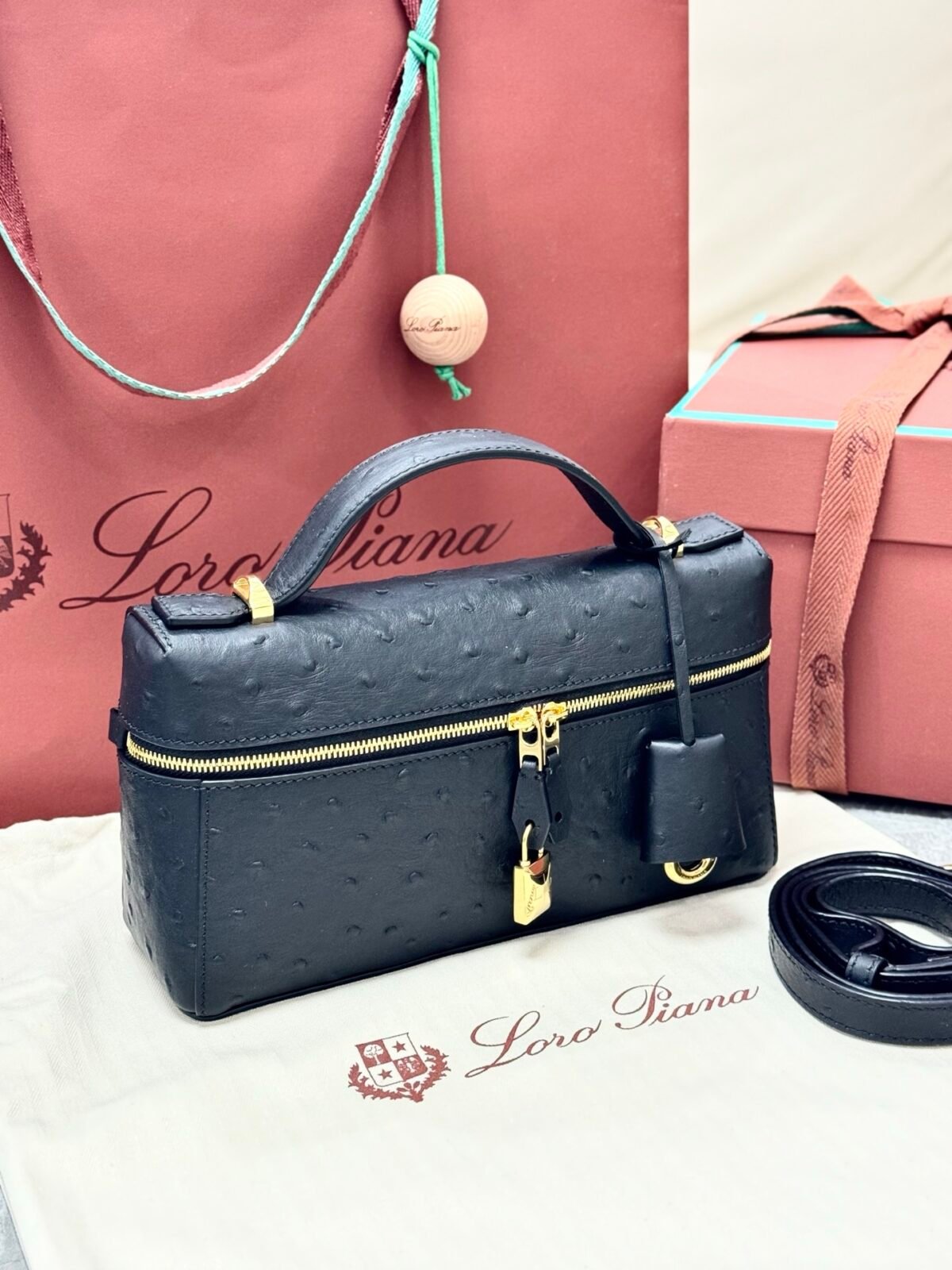 Loro Piana L23 Extra Bag 23cm Ostrich-Effect Calfskin Top-Handle Vanity Bag and Crossbody for Women Loro Piana L23 Extra Bag 23cm Ostrich-Effect Calfskin Top-Handle Vanity Bag and Crossbody for Women