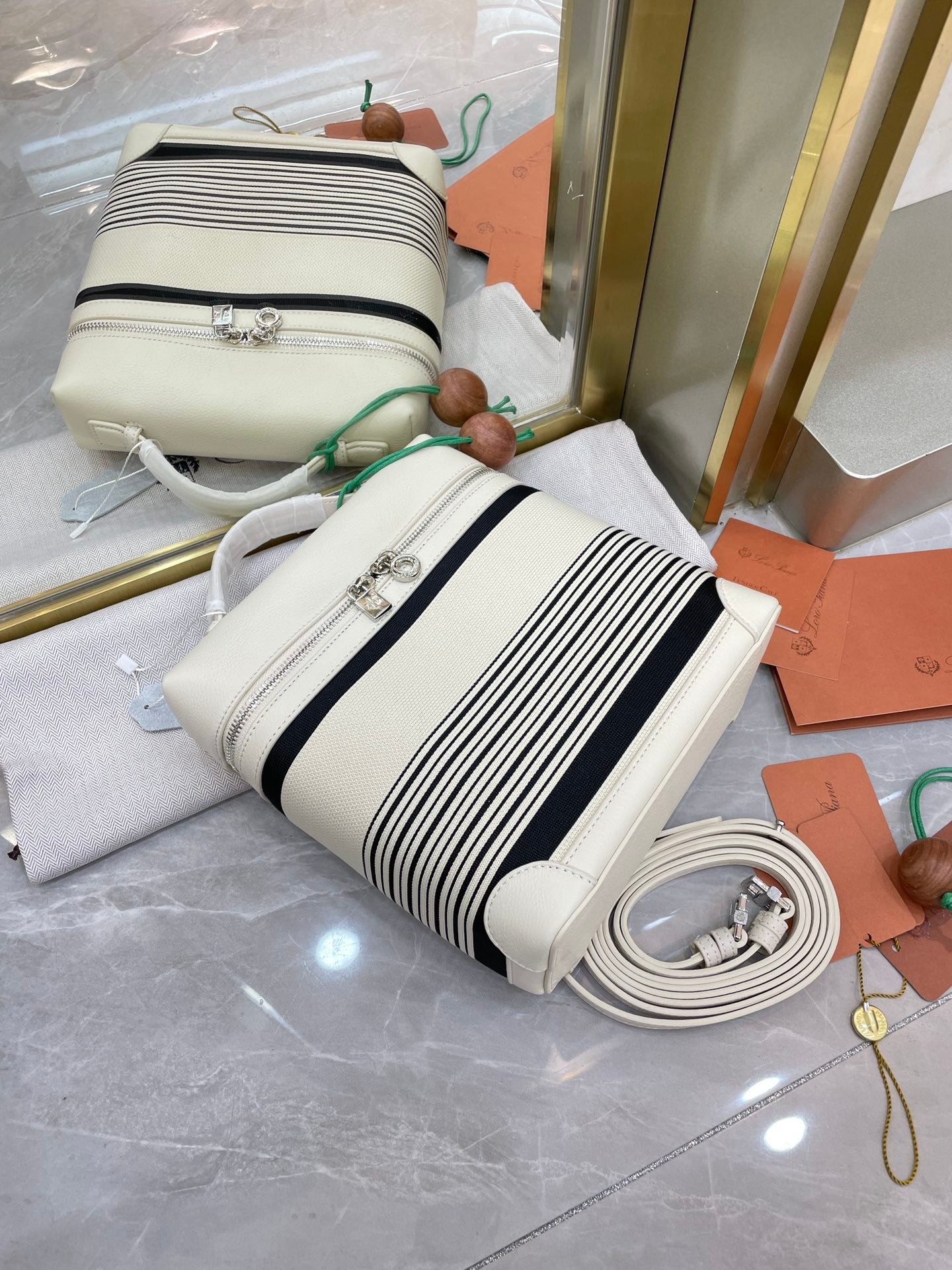 Loro Piana L23.5 Extra Pocket Backpack Striped Canvas Calfskin Leather Mini Bag Versatile 2-Way Top Handle Convertible Shoulder Bag Loro Piana L23.5 Extra Pocket Backpack Striped Canvas Calfskin Leather Mini Bag Versatile 2-Way Top Handle Convertible Shoulder Bag