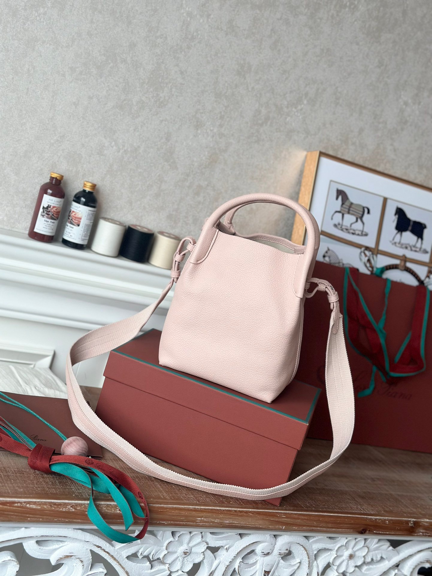 Loro Piana Medium Bale Bag Grained Calfskin Minimalist Bucket Bag with Detachable Shoulder Strap 6 Colors