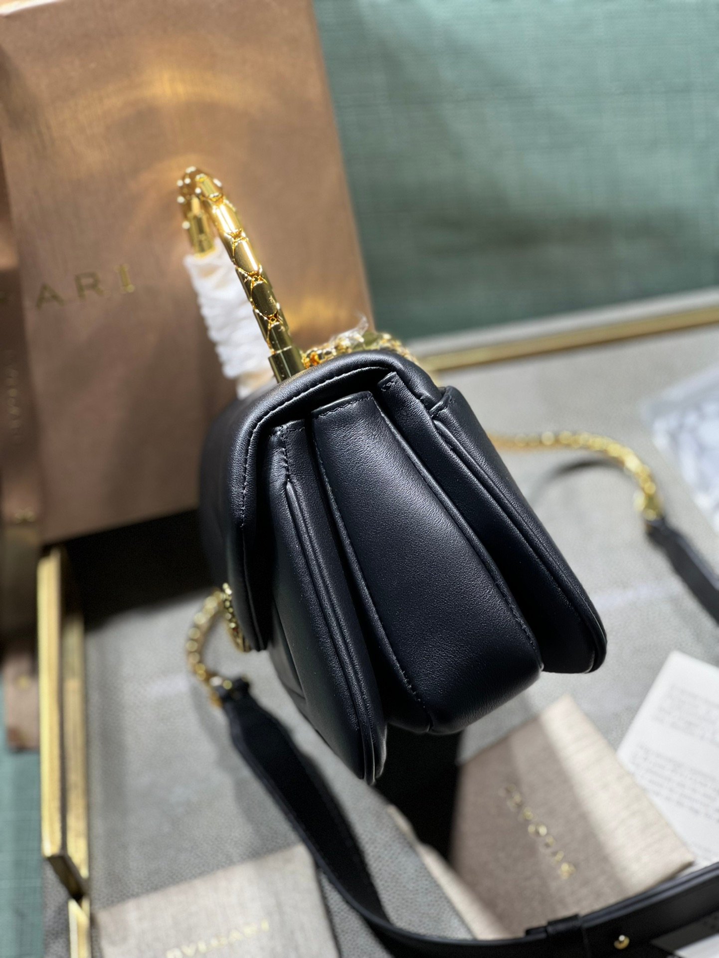 BVLGARI Serpenti Reverse Small Quilted Calfskin Top Handle Bag 20cm with Snake Metal Handle and Iconic Magnetic Chain Crossbody Strap BVLGARI Serpenti Reverse Small Quilted Calfskin Top Handle Bag 20cm with Snake Metal Handle and Iconic Magnetic Chain Crossbody Strap