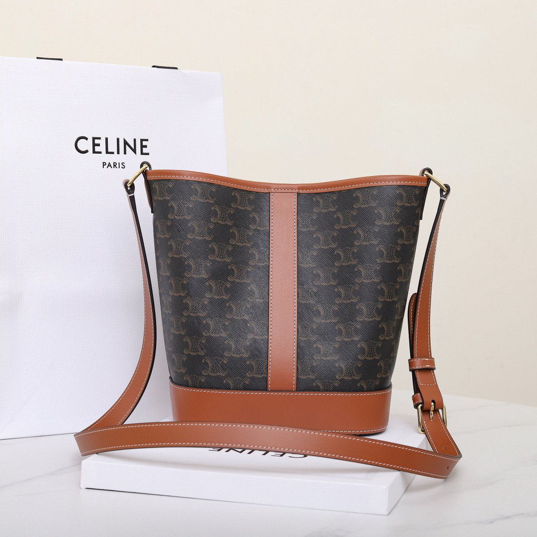 Celine Triomphe Canvas Bucket Bag 30cm Vintage Embroidered Shoulder Bag Calfskin Leather Large Capacity Designer Hobo Bag 22