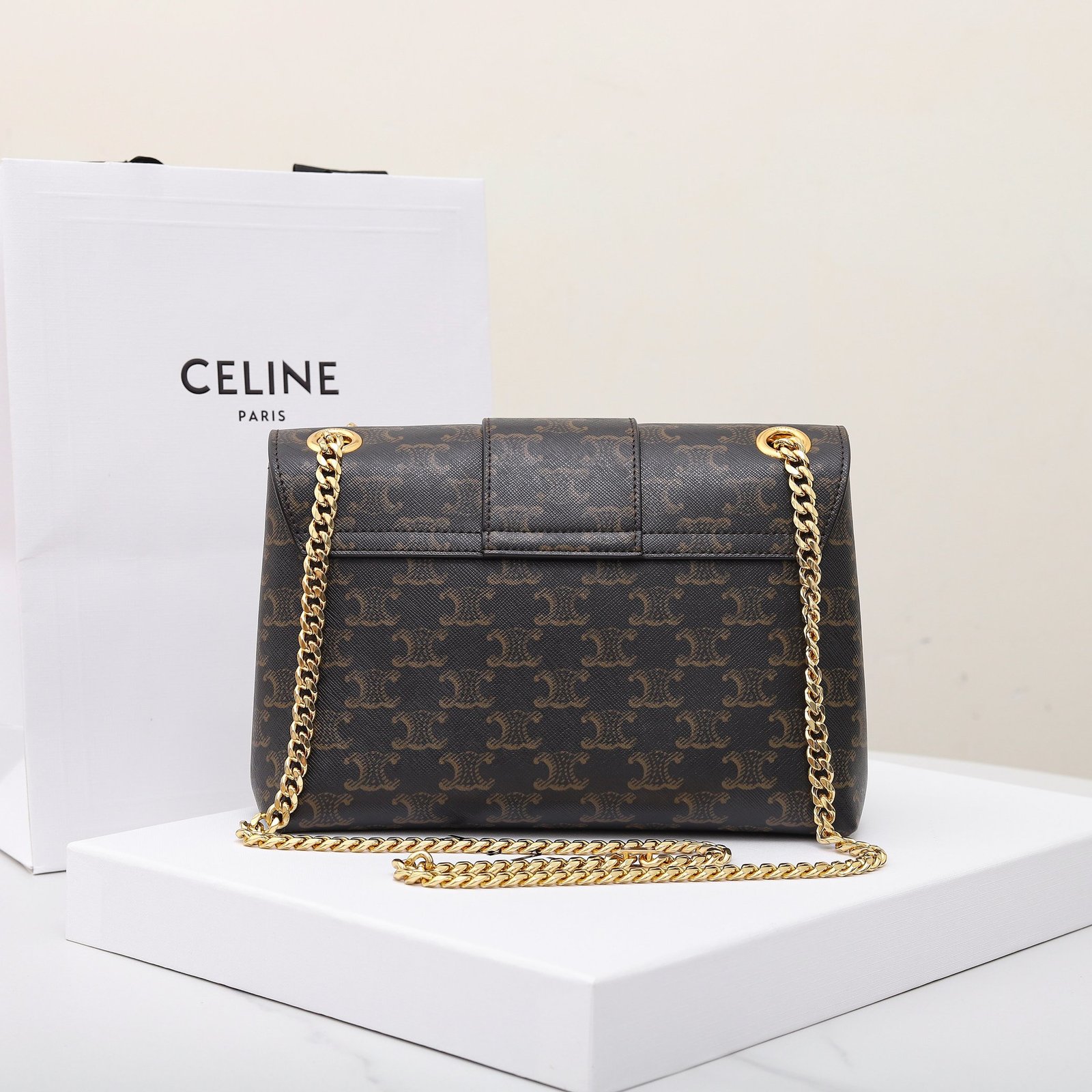 Celine Triomphe Chain Bag 25cm Supple Calfskin and Signature Canvas Medium Flap Shoulder Bag with Gold-Tone Hardware 22