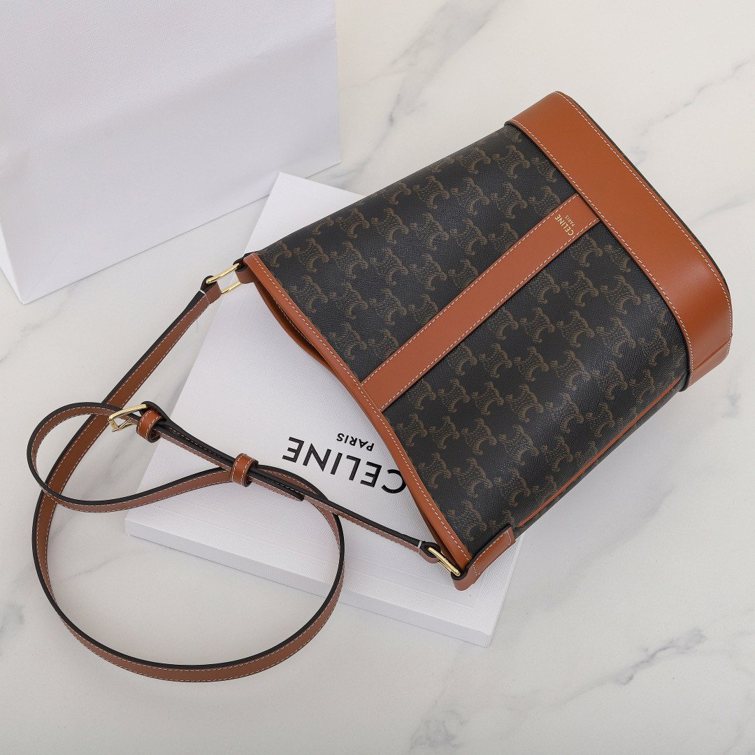 Celine Triomphe Canvas Bucket Bag 30cm Vintage Embroidered Shoulder Bag Calfskin Leather Large Capacity Designer Hobo Bag 24