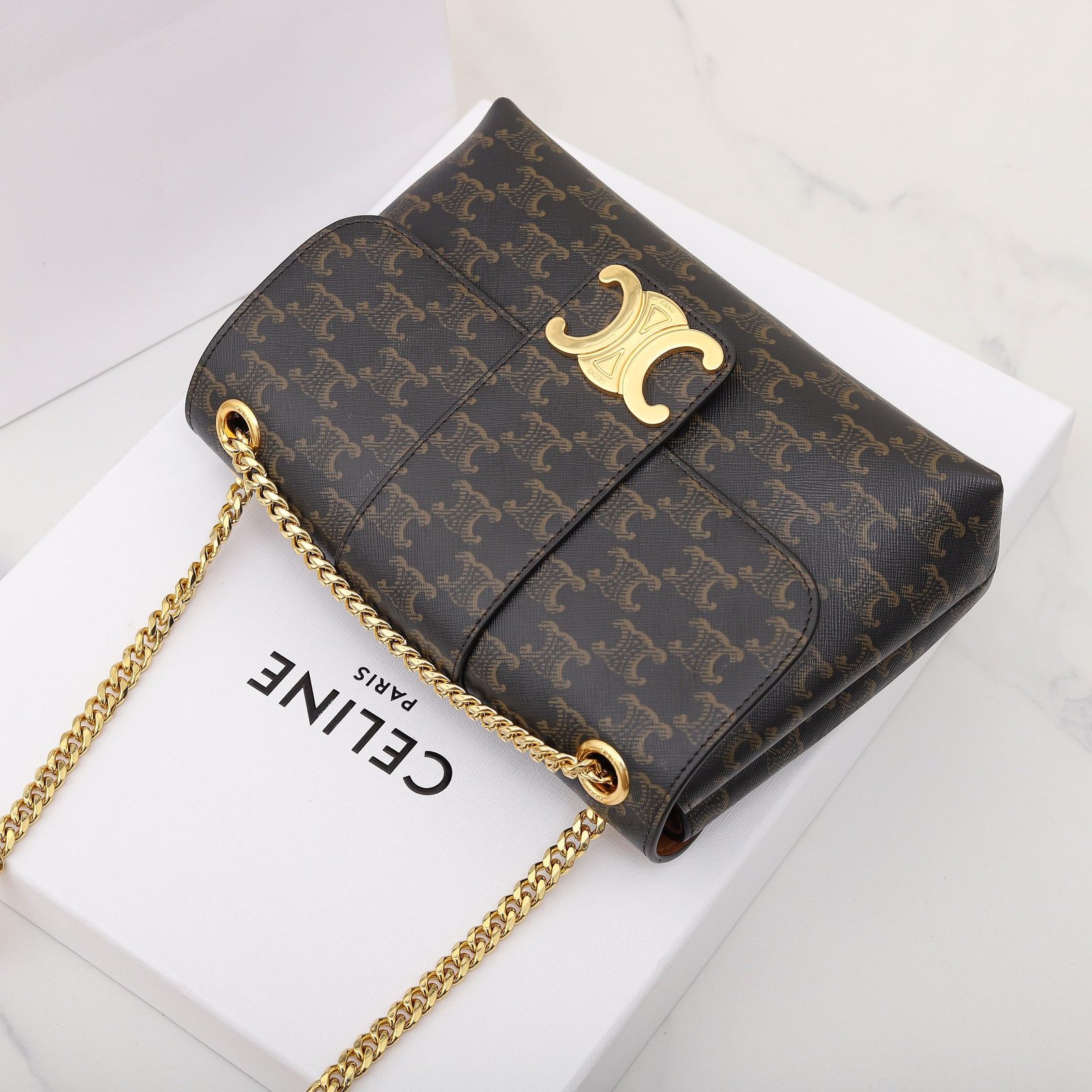 Celine Triomphe Chain Bag 25cm Supple Calfskin and Signature Canvas Medium Flap Shoulder Bag with Gold-Tone Hardware 24