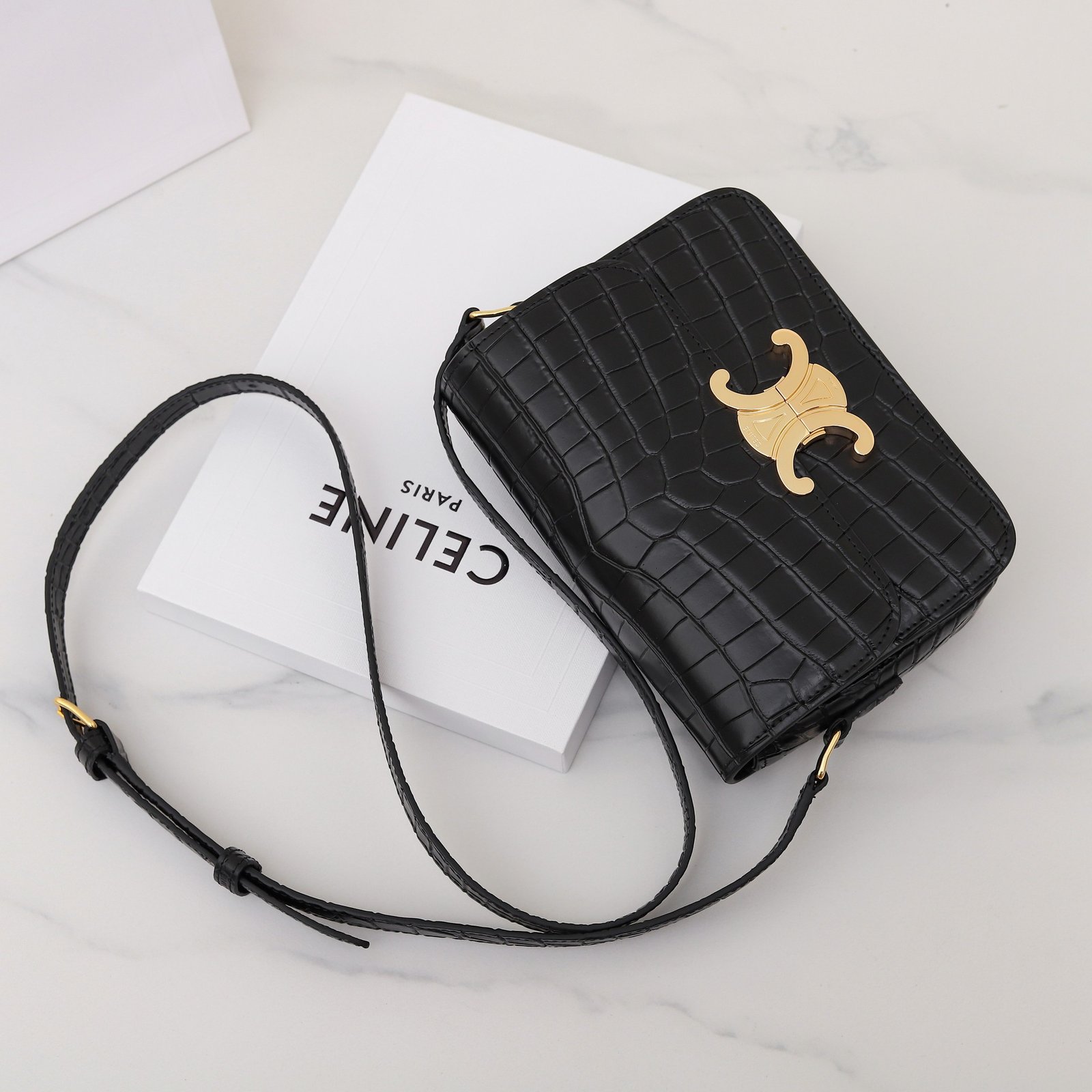 Celine Triomphe Classique Shoulder Bag 18.5cm Lizard and Crocodile Embossed Leather Crossbody Handbag 24