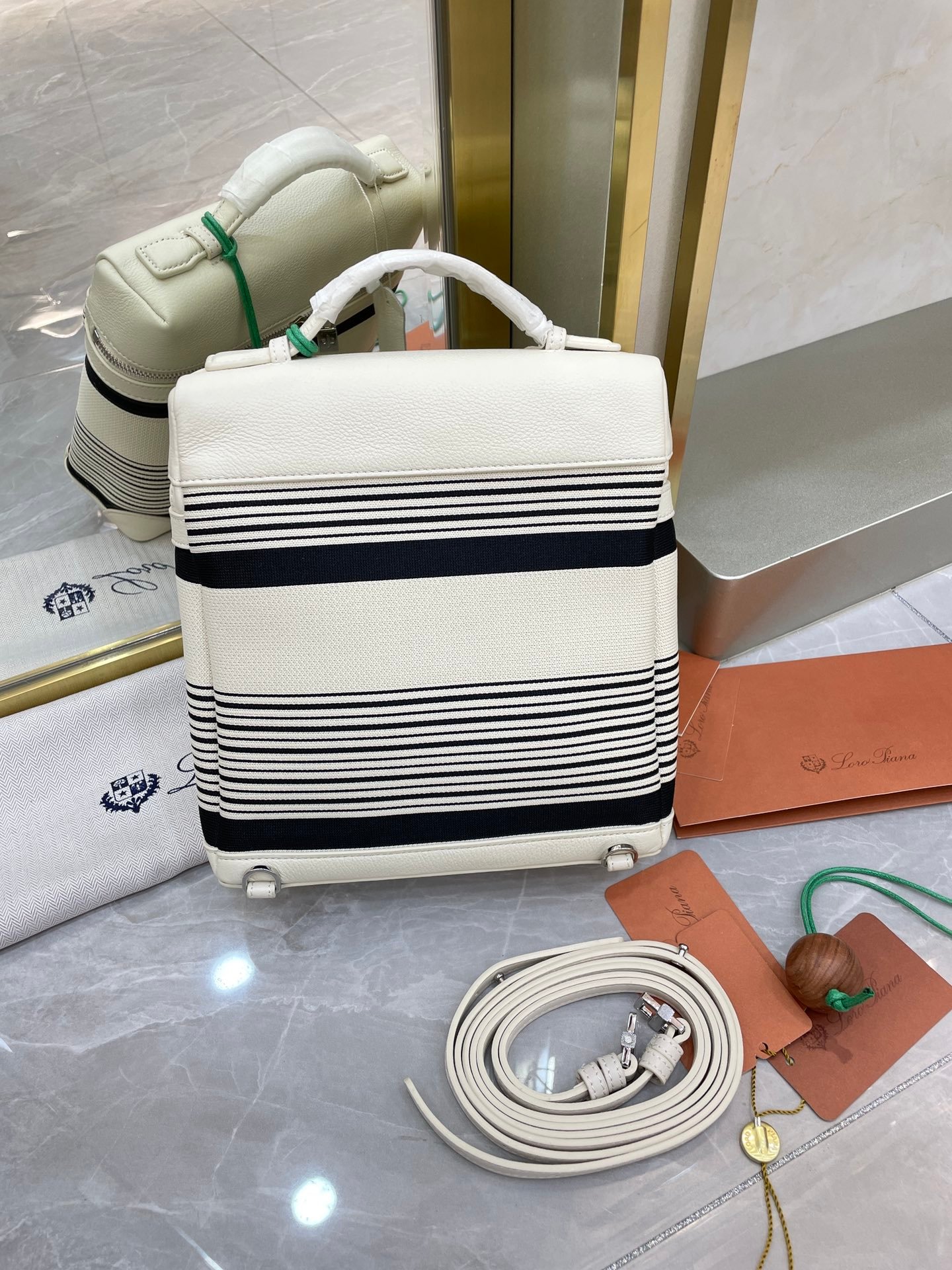 Loro Piana L23.5 Extra Pocket Backpack Striped Canvas Calfskin Leather Mini Bag Versatile 2-Way Top Handle Convertible Shoulder Bag Loro Piana L23.5 Extra Pocket Backpack Striped Canvas Calfskin Leather Mini Bag Versatile 2-Way Top Handle Convertible Shoulder Bag
