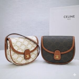 Celine Mini Besace Bag 15cm Triomphe Canvas and Calfskin Classic Tan & White Monogram Crossbody Shoulder Bag 28