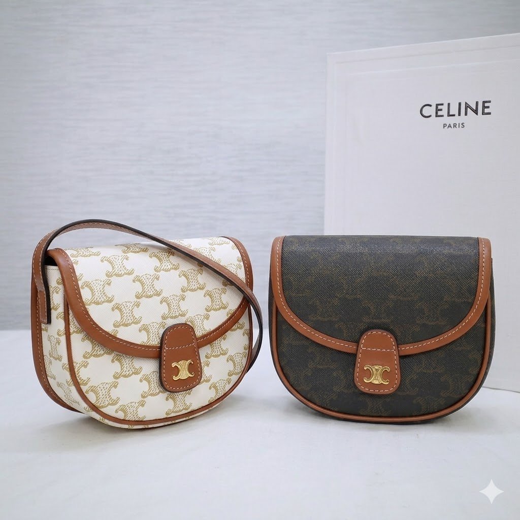 Celine Mini Besace Bag 15cm Triomphe Canvas and Calfskin Classic Tan & White Monogram Crossbody Shoulder Bag 28