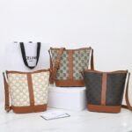 Celine Triomphe Canvas Bucket Bag 30cm Vintage Embroidered Shoulder Bag Calfskin Leather Large Capacity Designer Hobo Bag 28