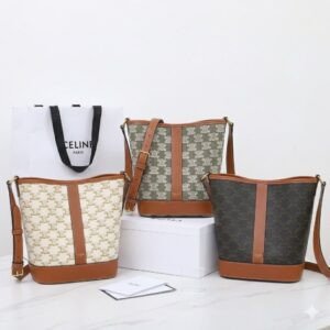 Celine Triomphe Canvas Bucket Bag 30cm Vintage Embroidered Shoulder Bag Calfskin Leather Large Capacity Designer Hobo Bag 28