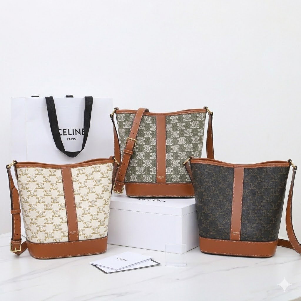 Celine Triomphe Canvas Bucket Bag 30cm Vintage Embroidered Shoulder Bag Calfskin Leather Large Capacity Designer Hobo Bag 28