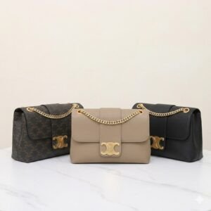 Celine Triomphe Chain Bag 25cm Supple Calfskin and Signature Canvas Medium Flap Shoulder Bag with Gold-Tone Hardware 28