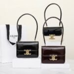 CELINE Teen Triomphe Bag Shiny Patent Calfskin Luxury Designer Shoulder Bag Gold Triomphe Clasp Crossbody 28