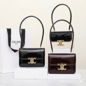 CELINE Teen Triomphe Bag Shiny Patent Calfskin Luxury Designer Shoulder Bag Gold Triomphe Clasp Crossbody 28