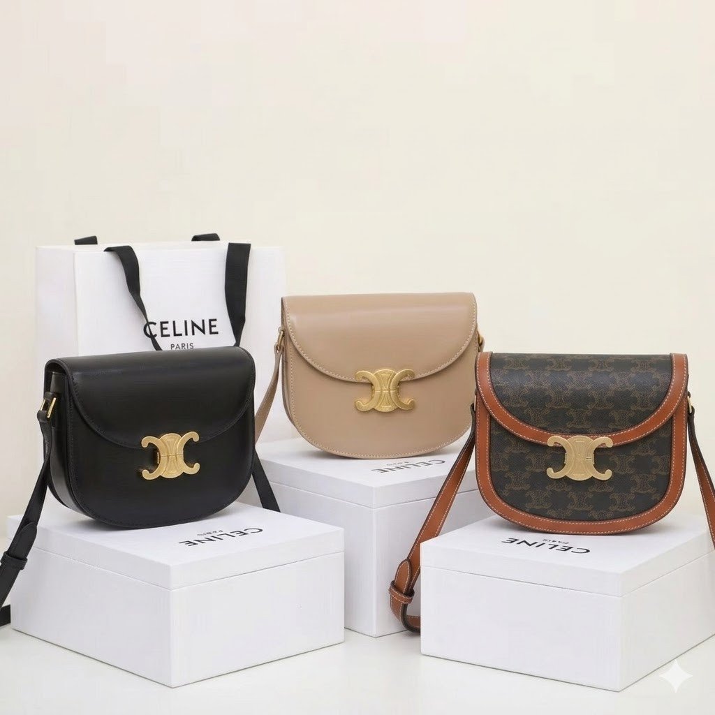 CELINE Teen Besace Triomphe Bag 18.5cm Shiny Calfskin Leather Crossbody Saddle Bag for Women 28