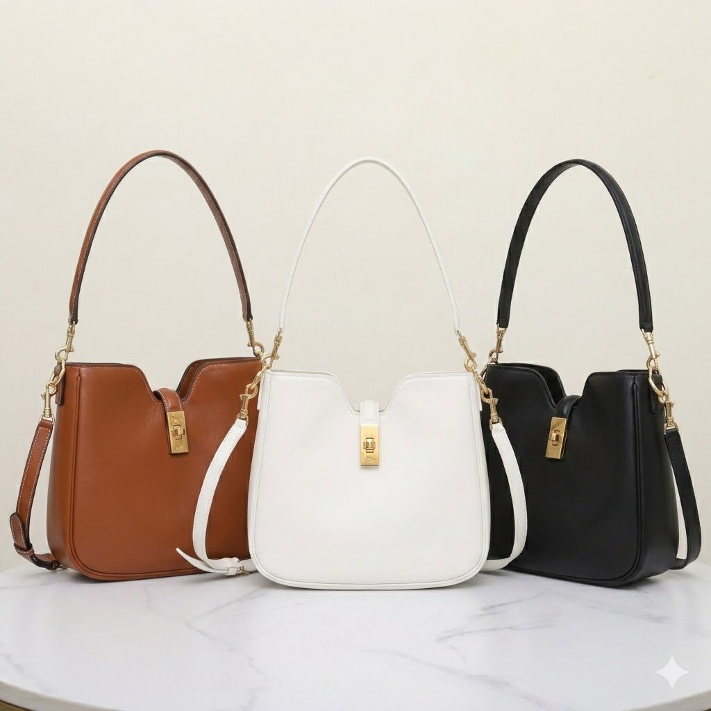 Celine Calfskin Shoulder Bag 24.5cm Minimalist Crossbody Handbag with Gold Hardware Twist-Lock 2025 28