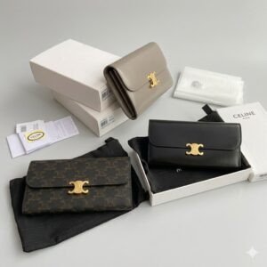 CELINE TRIOMPHE Large Flap Wallet 19cm WOC in Canvas, Black & Pebble Calfskin
