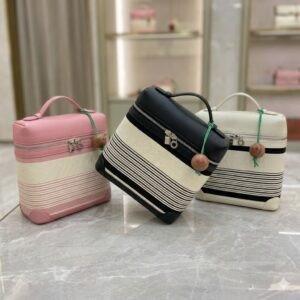 Loro Piana L23.5 Extra Pocket Backpack Striped Canvas Calfskin Leather Mini Bag Versatile 2-Way Top Handle Convertible Shoulder Bag