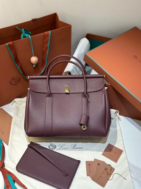 28 Loro Piana Loom L32 Grained Calfskin Handbag 33cm Designer Tote Bag with Padlock & Pouch