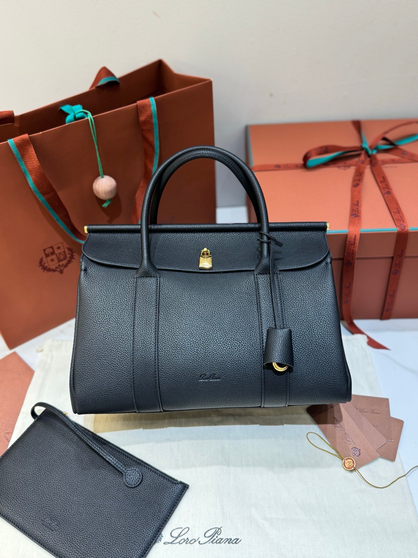 Loro Piana Loom L32 Handbag 33cm Tender Calfskin Luxury Designer Tote Bag with Gold Padlock & Removable Pouch