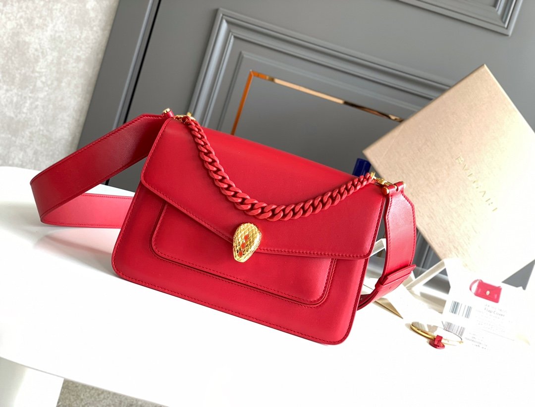 Bvlgari Serpenti Forever Maxi Chain Crossbody Bag 25cm Calf Leather Shoulder Handbag with Snakehead Closure 4 Colors Bvlgari Serpenti Forever Maxi Chain Crossbody Bag 25cm Calf Leather Shoulder Handbag with Snakehead Closure 4 Colors