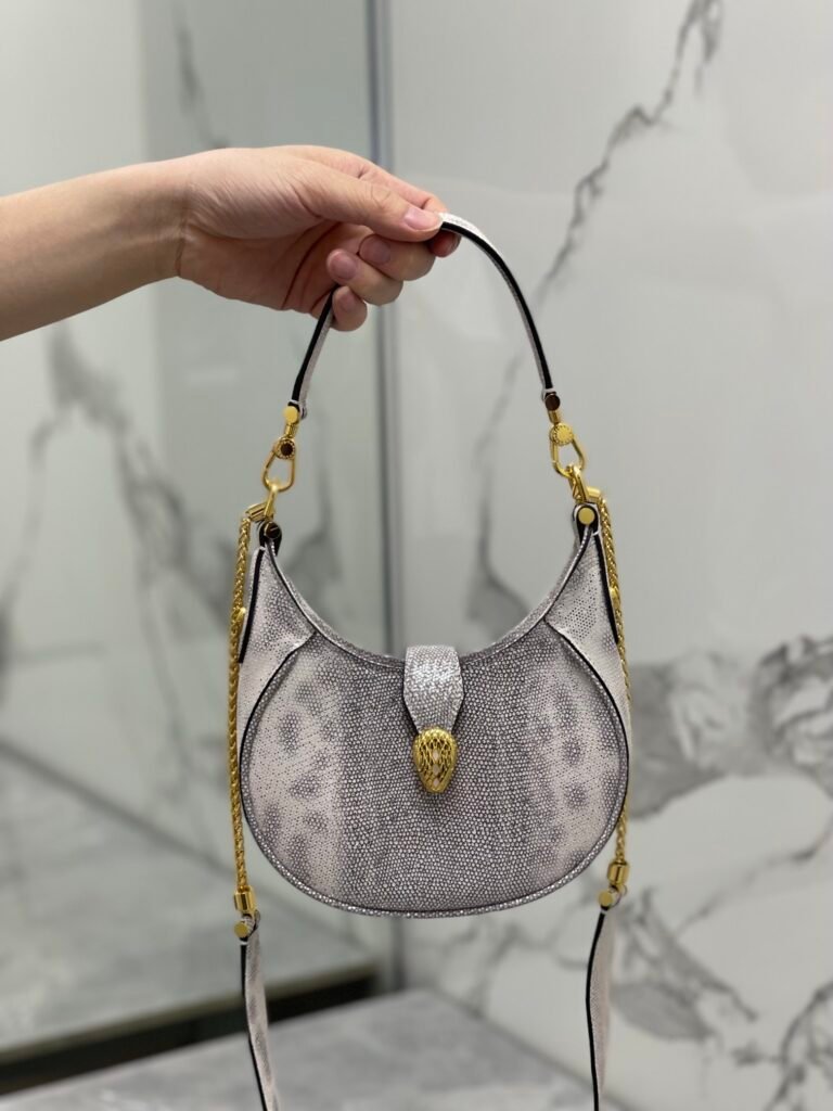BVLGARI Serpenti Ellipse Calf Leather Shoulder Bag Pink Silver Metallic Half-Moon Crossbody Bag &ndash; Image 4