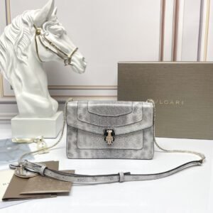 BVLGARI Serpenti Forever Shoulder Bag Metallic Silver Caviar Calfskin Crossbody Bag 22cm Snakehead Handbag