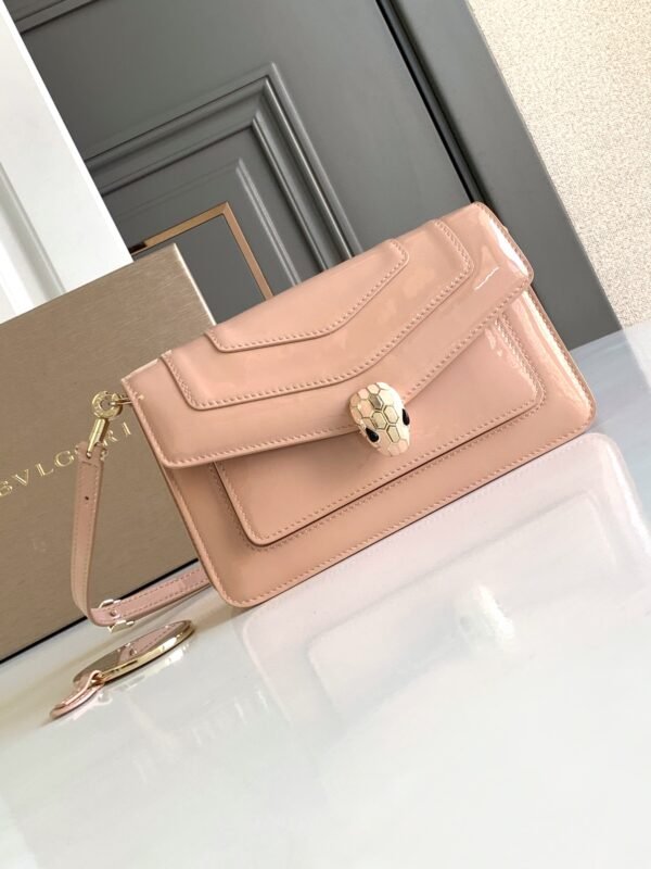 28 BVLGARI Serpenti Forever East-West Small Shoulder Bag 22cm Patent & Metallic Calf Leather Crossbody Handbag with Snakehead Closure